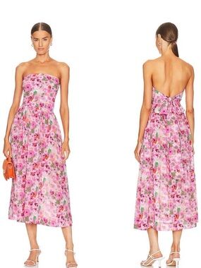Strapless Pink Floral Midi Dress with Back Bow